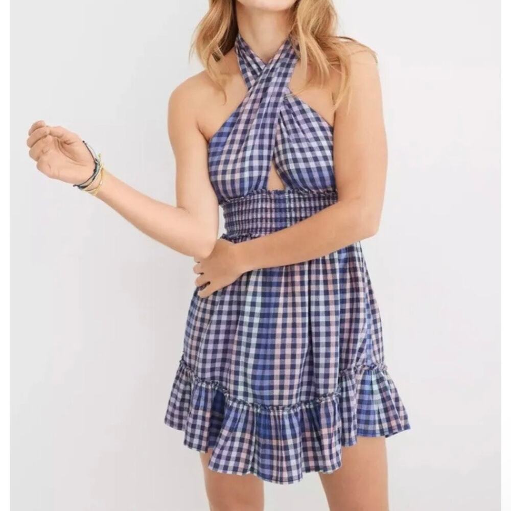 Aerie plaid cross front halter dress NWOT XS